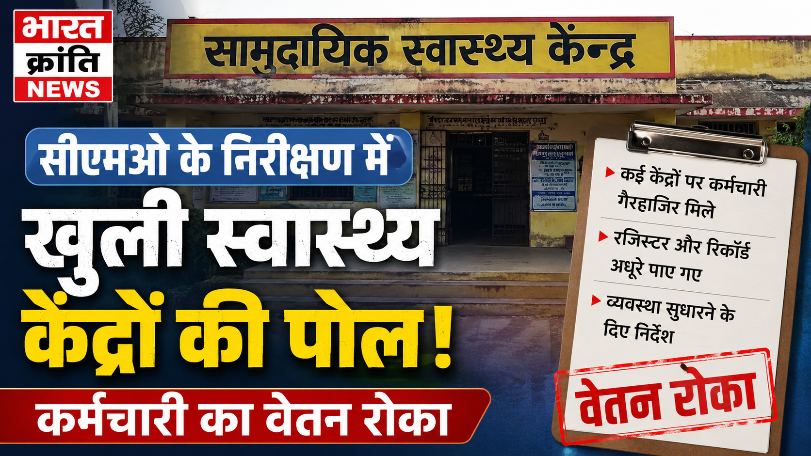 सीएमओ के निरीक्षण में खुली स्वास्थ्य केंद्रों की पोल, कर्मचारी का वेतन रोका